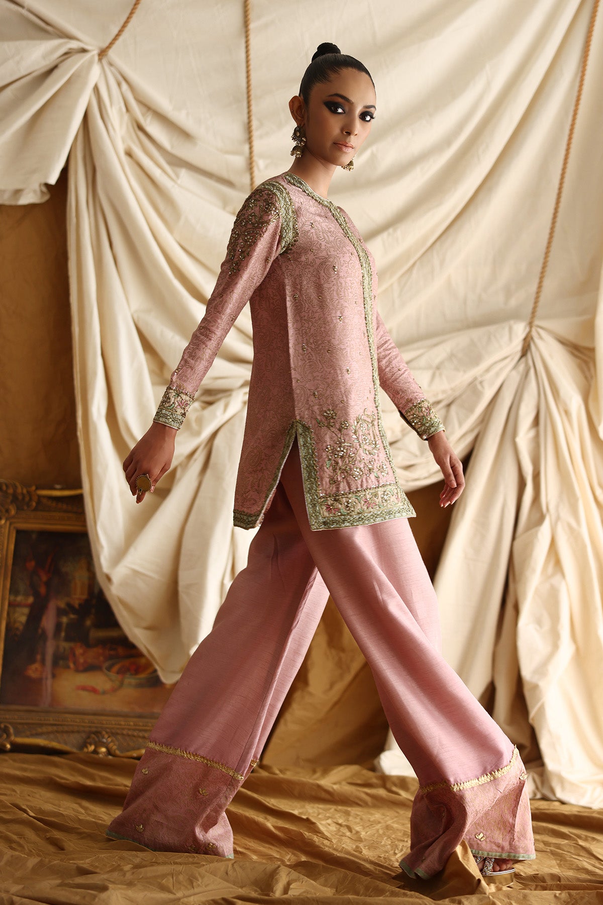 Tea Pink Zardozi Raw Silk Jacket & Pants (2-Piece) - Image 2