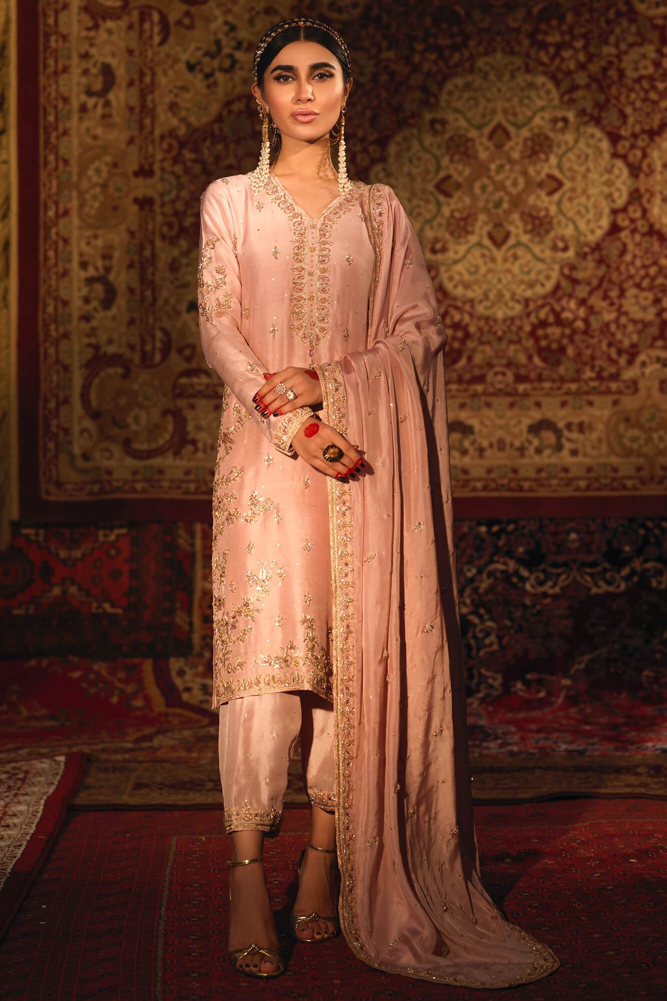 Pakistani Blush Pink Zardozi PK Raw Silk Salwar Kameez (3-Piece) - Image 2