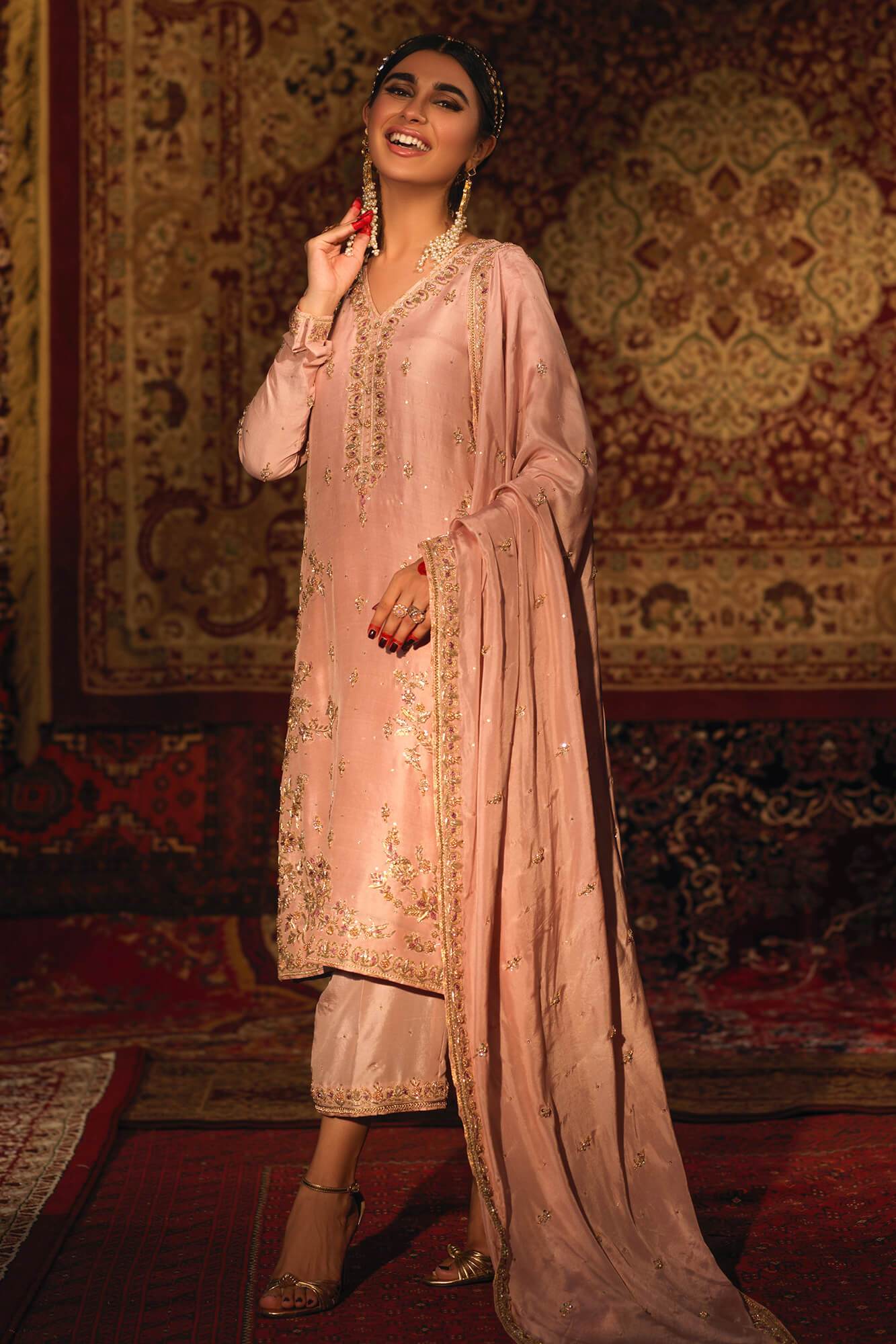 Pakistani Blush Pink Zardozi PK Raw Silk Salwar Kameez (3-Piece) - Image 3