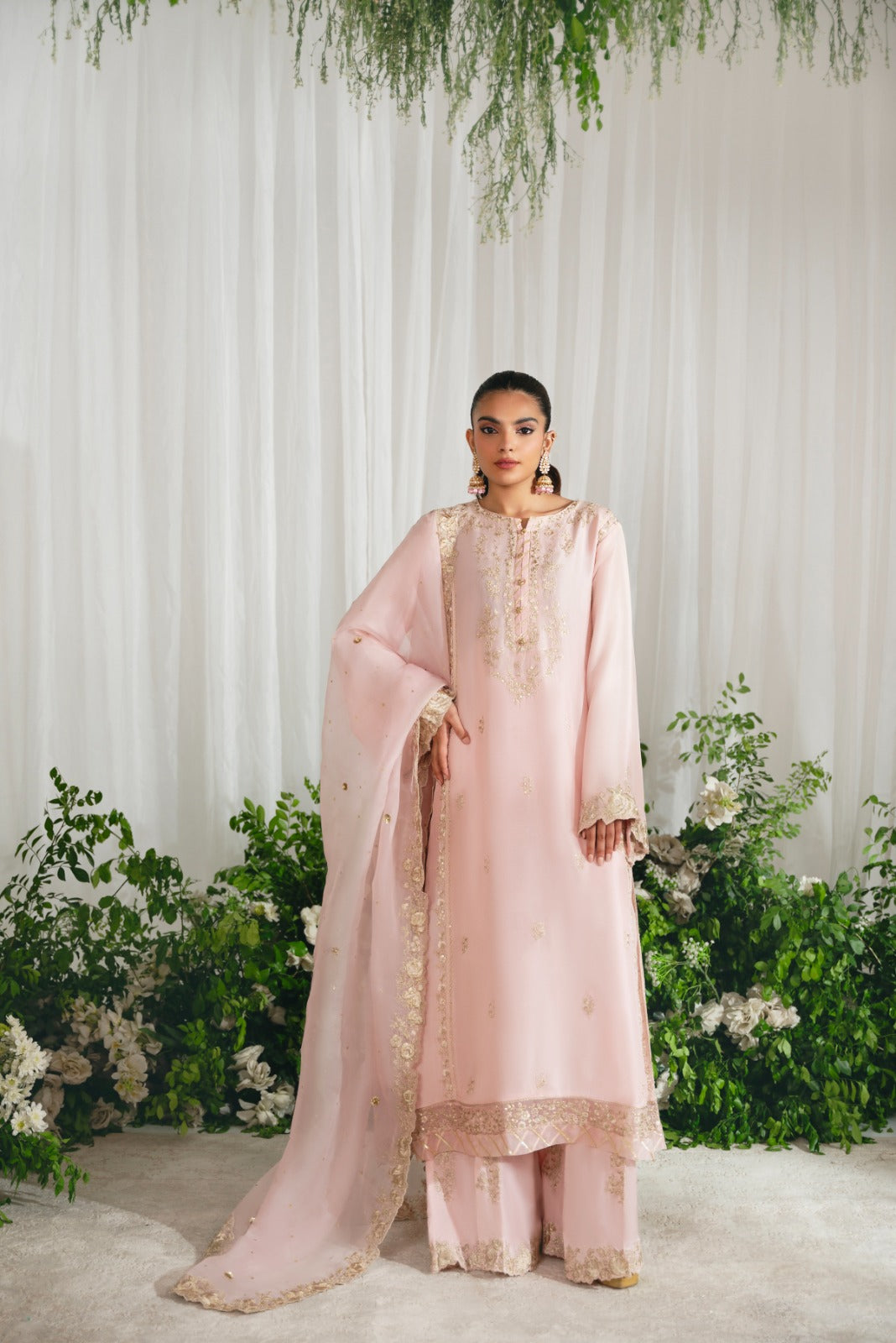 Pakistani Tea Pink Embroidered Raw Silk Salwar Kameez (3-Piece) - Image 1