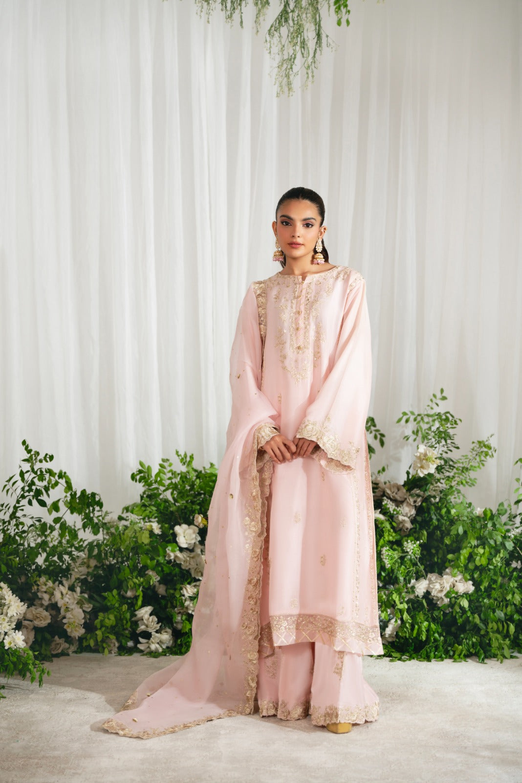Pakistani Tea Pink Embroidered Raw Silk Salwar Kameez (3-Piece) - Image 3