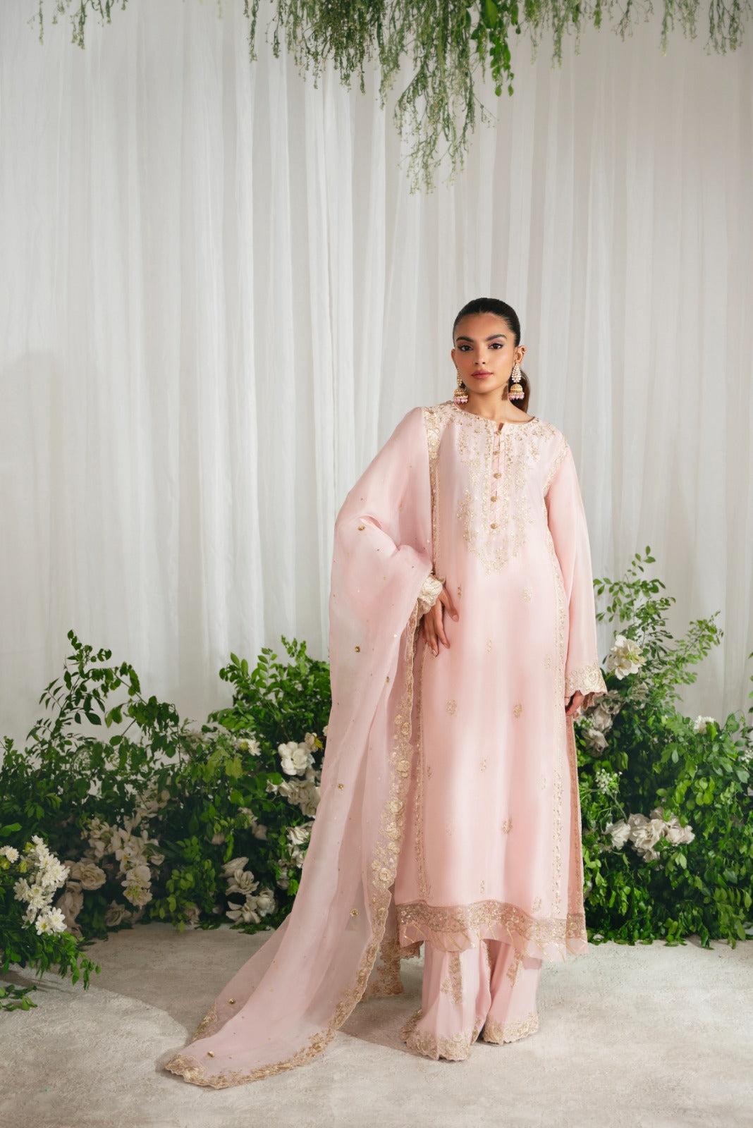 Pakistani Tea Pink Embroidered Raw Silk Salwar Kameez (3-Piece) - Image 4