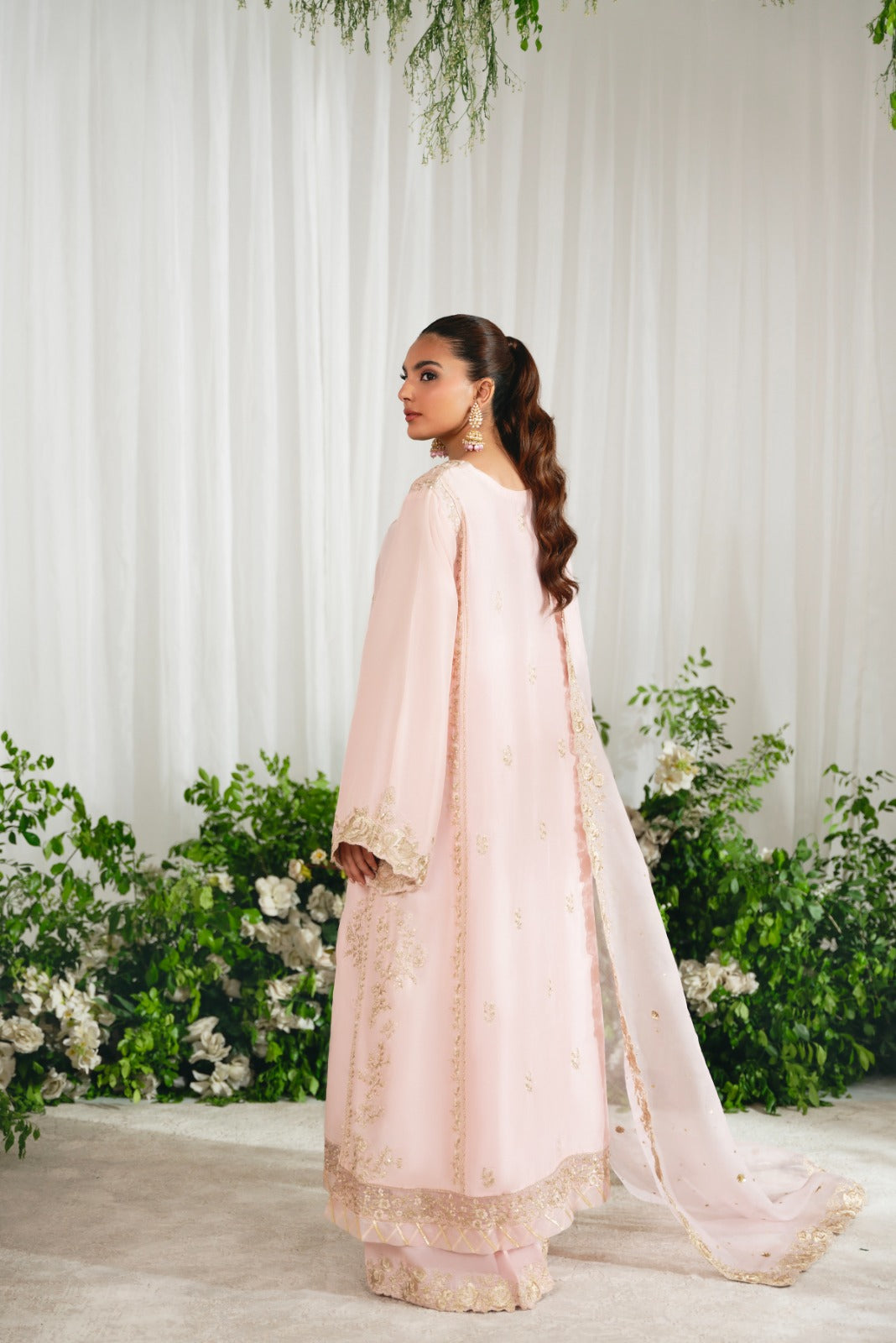 Pakistani Tea Pink Embroidered Raw Silk Salwar Kameez (3-Piece) - Image 5