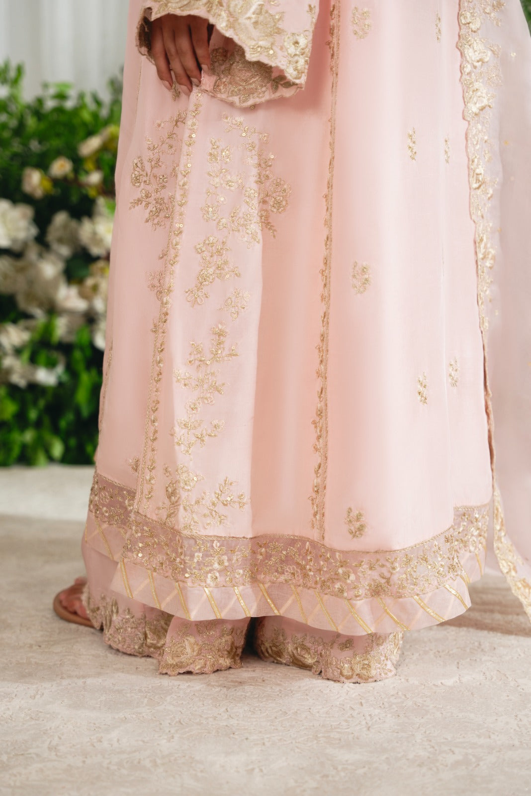 Pakistani Tea Pink Embroidered Raw Silk Salwar Kameez (3-Piece) - Image 6