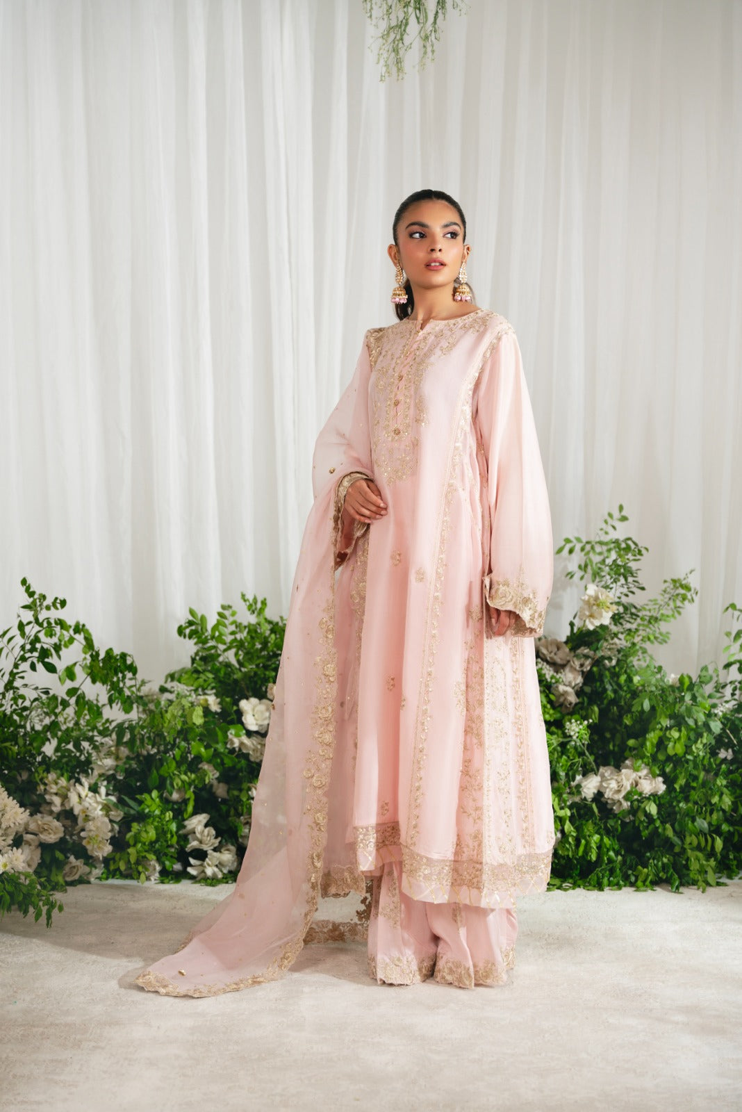 Pakistani Tea Pink Embroidered Raw Silk Salwar Kameez (3-Piece) - Image 7