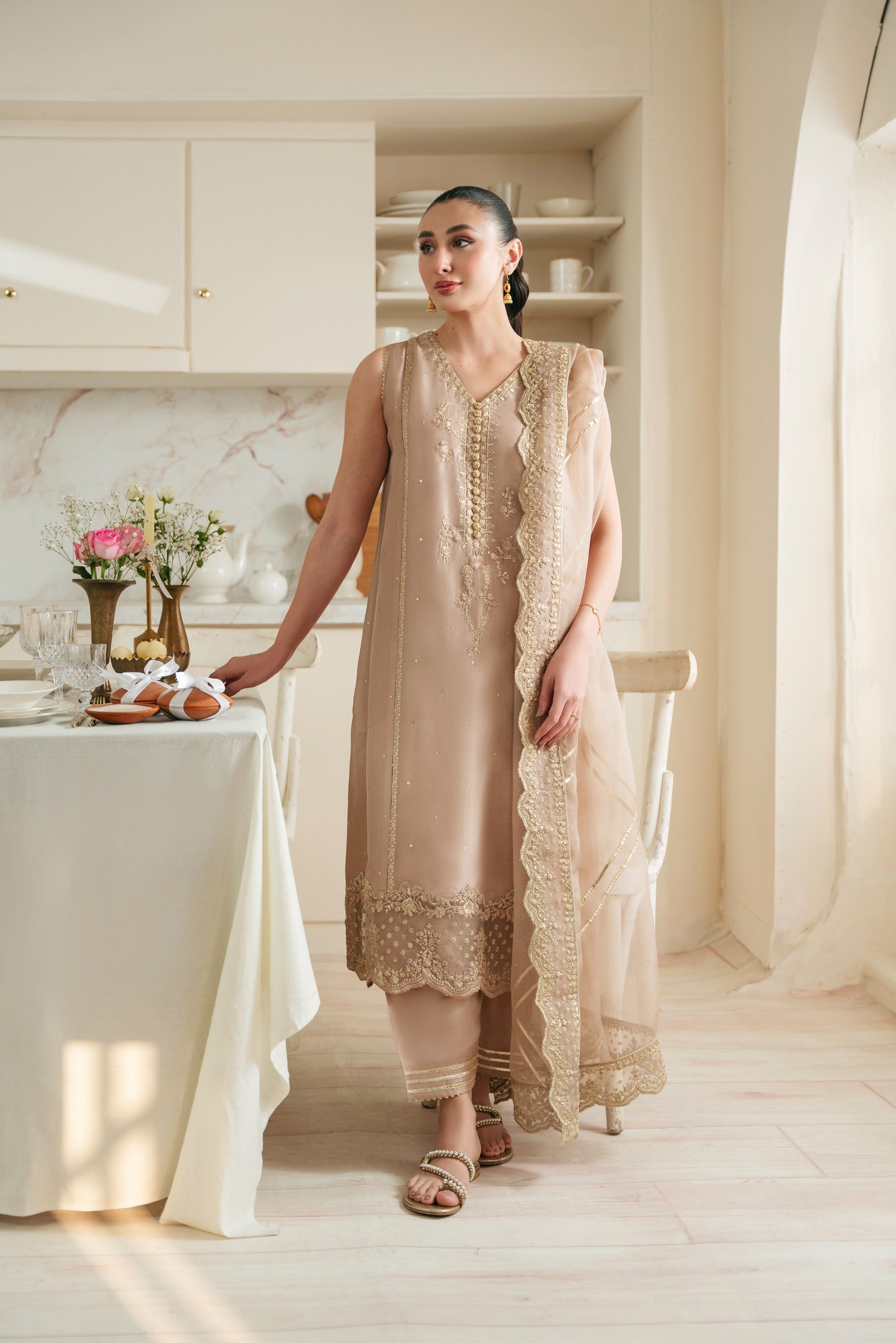 Dusk Rose Zari Sequin Raw Silk Kameez Set (3-Piece) - Image 1