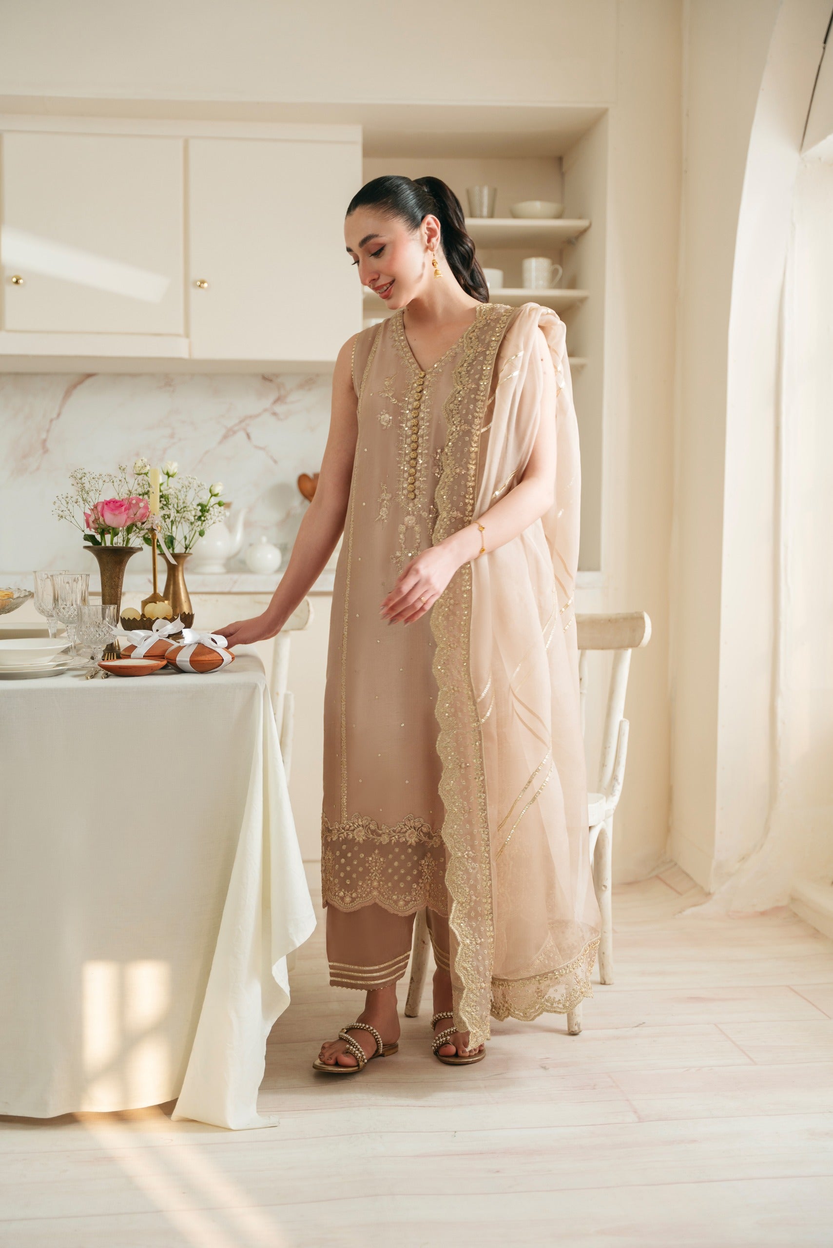 Dusk Rose Zari Sequin Raw Silk Kameez Set (3-Piece) - Image 2