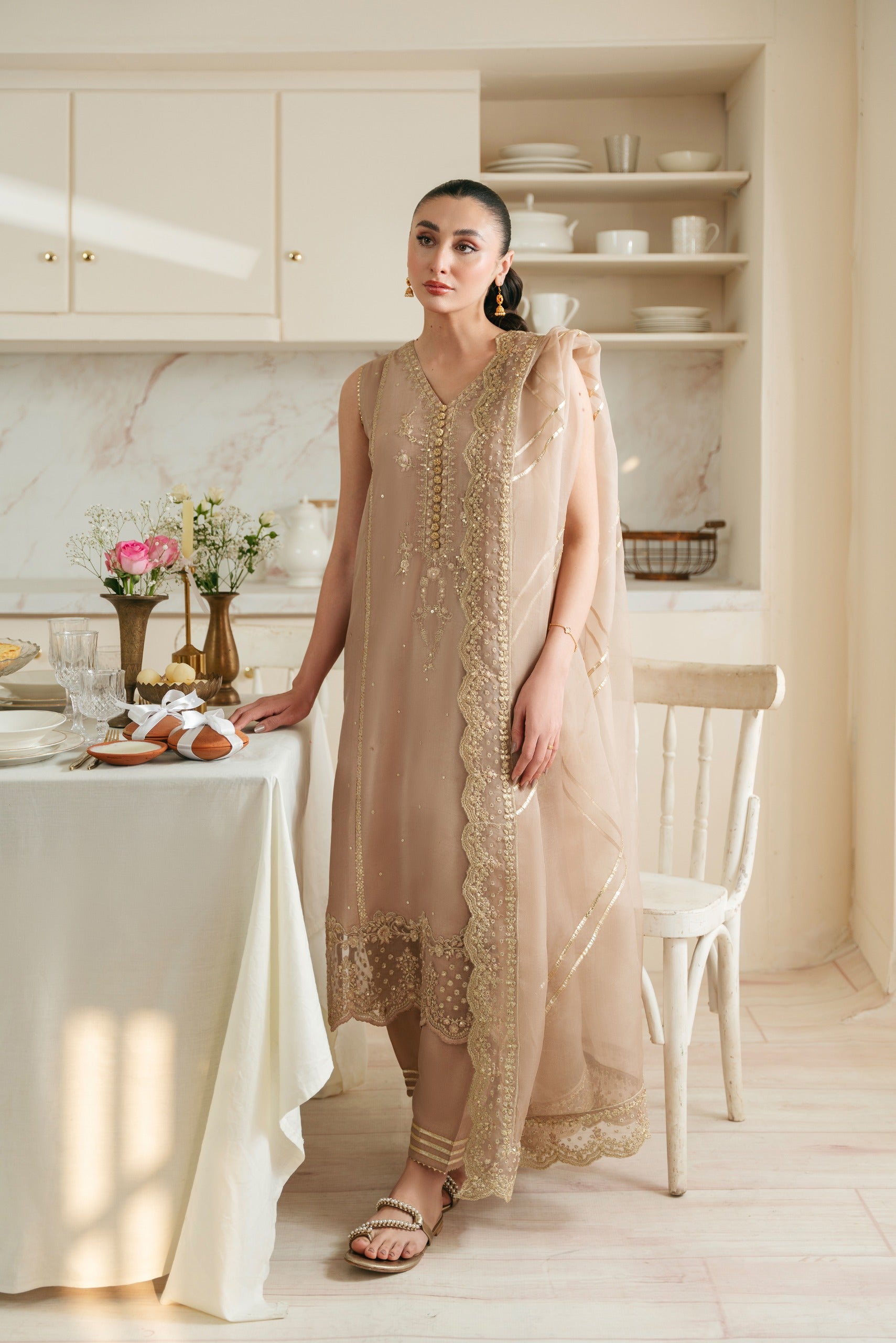 Dusk Rose Zari Sequin Raw Silk Kameez Set (3-Piece) - Image 3