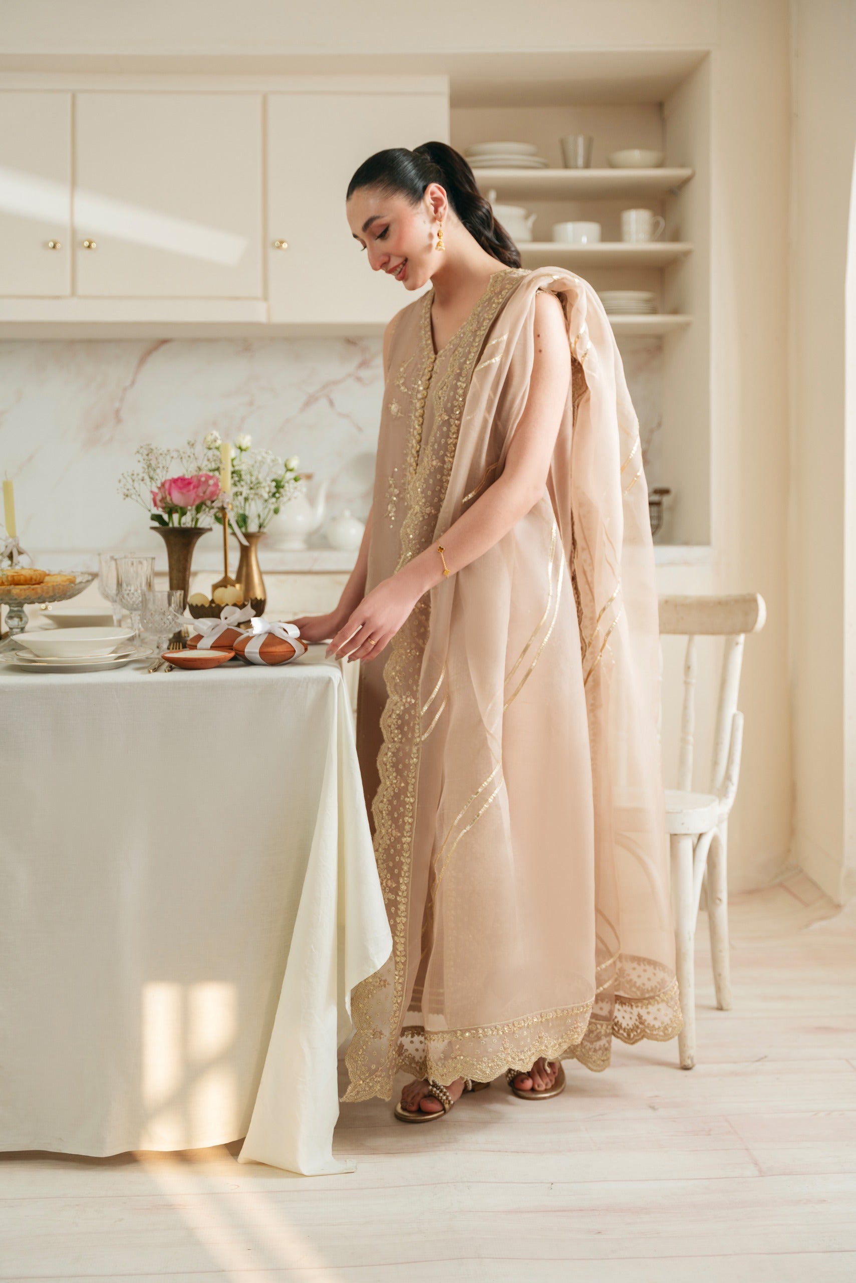 Dusk Rose Zari Sequin Raw Silk Kameez Set (3-Piece) - Image 4