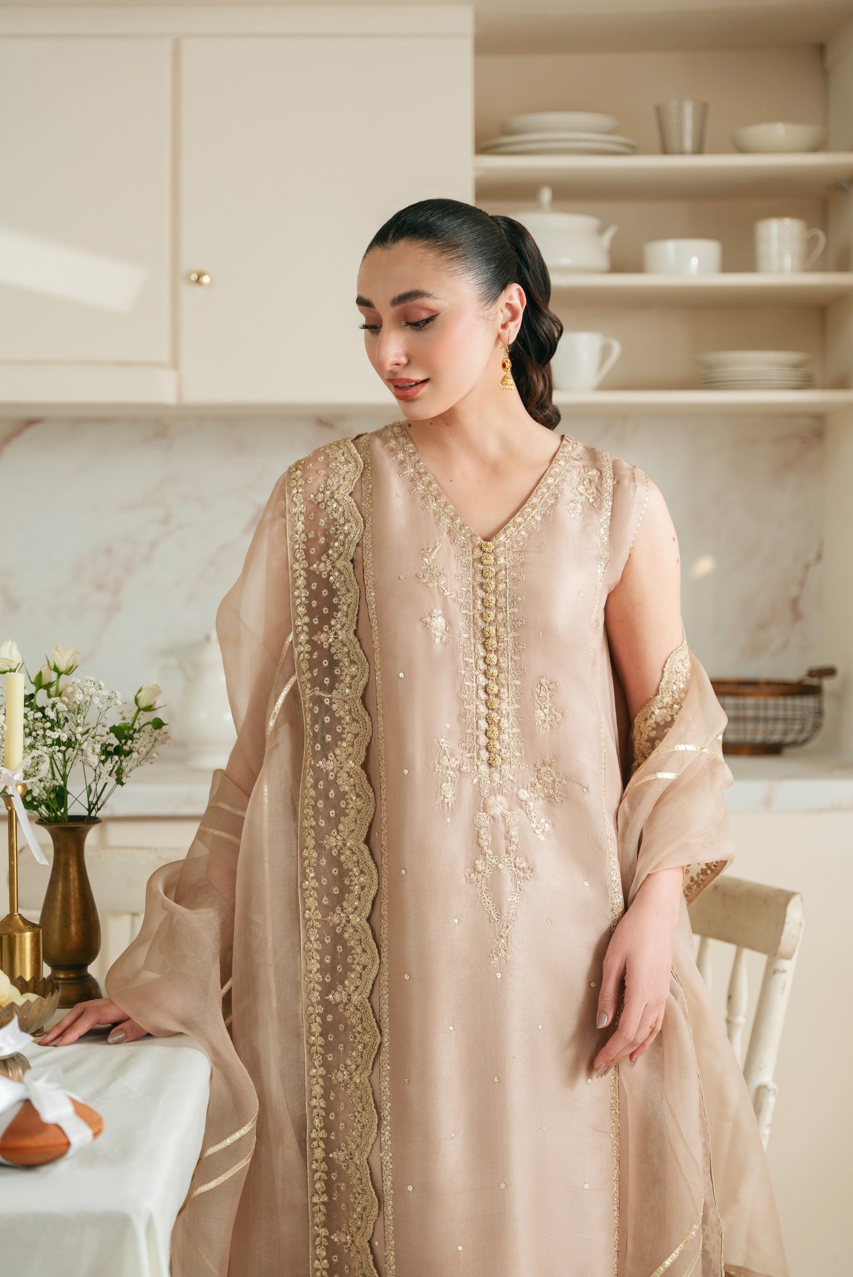 Dusk Rose Zari Sequin Raw Silk Kameez Set (3-Piece) - Image 7