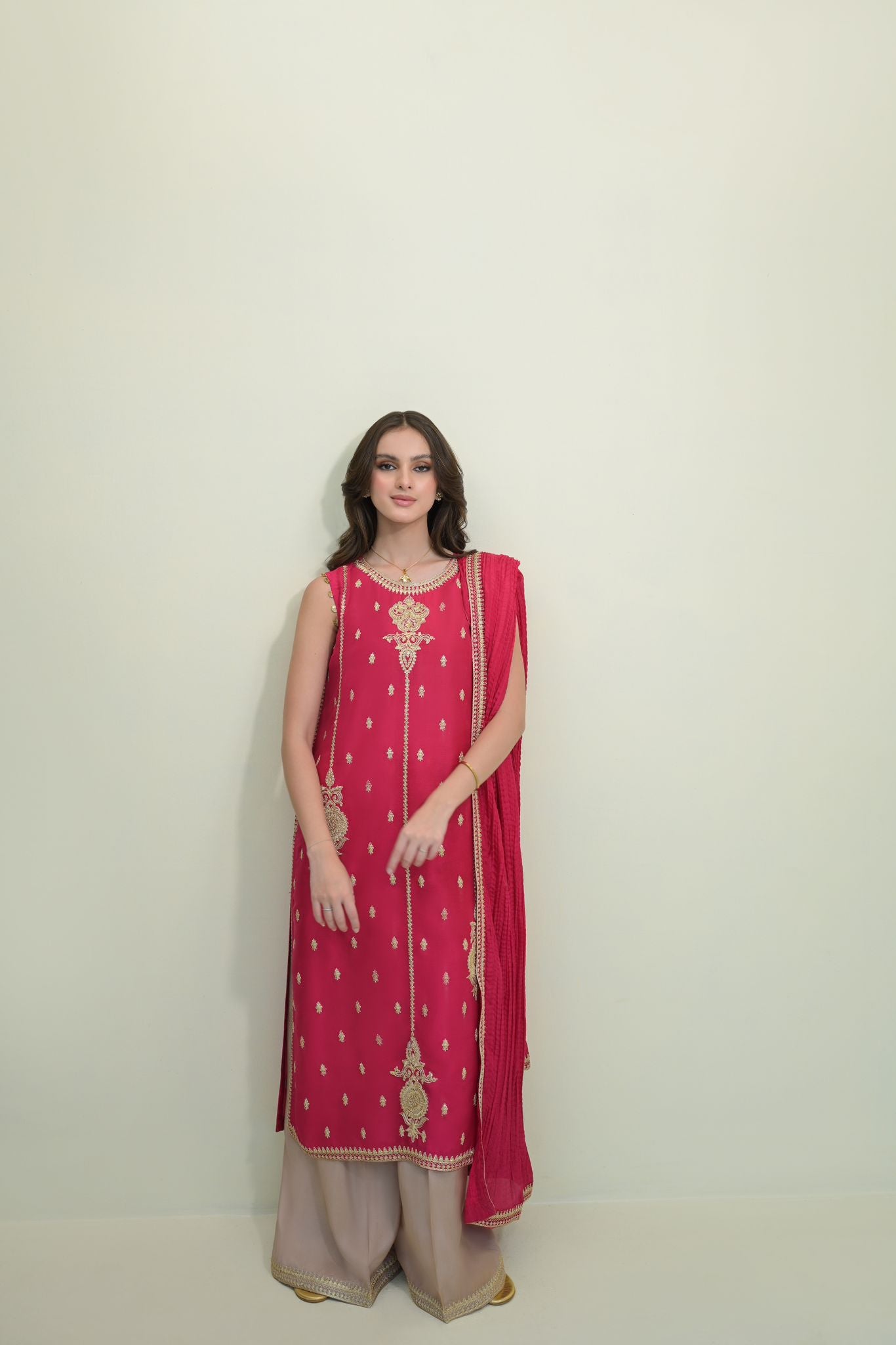Fuchsia Zari Embroidered Raw Silk Salwar Kameez (3-Piece) - Image 1