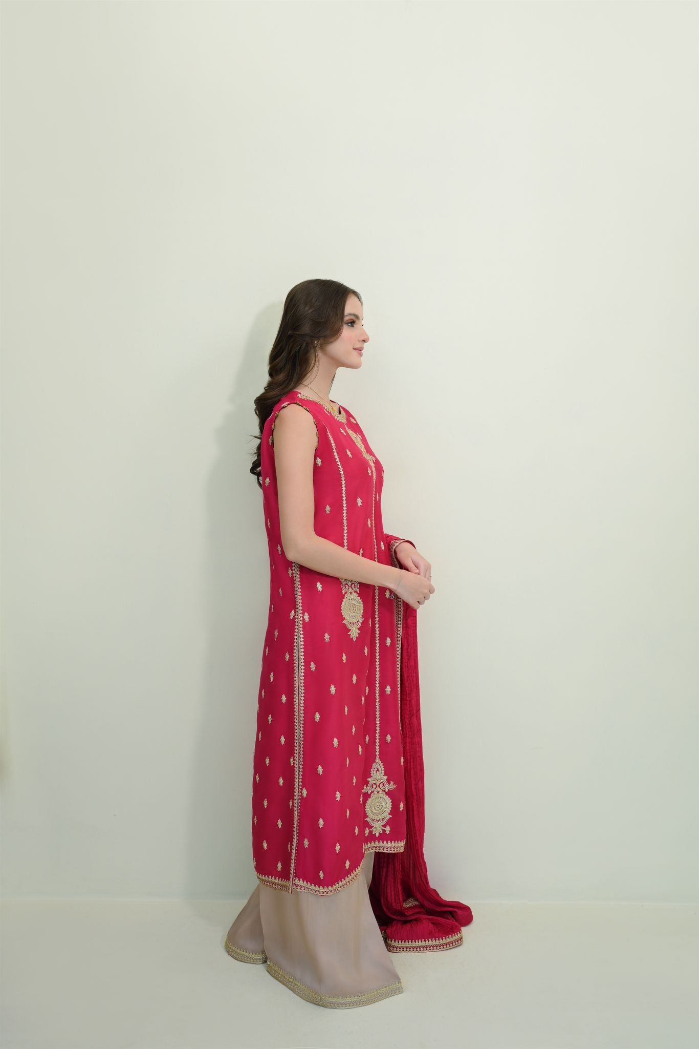 Fuchsia Zari Embroidered Raw Silk Salwar Kameez (3-Piece) - Image 2