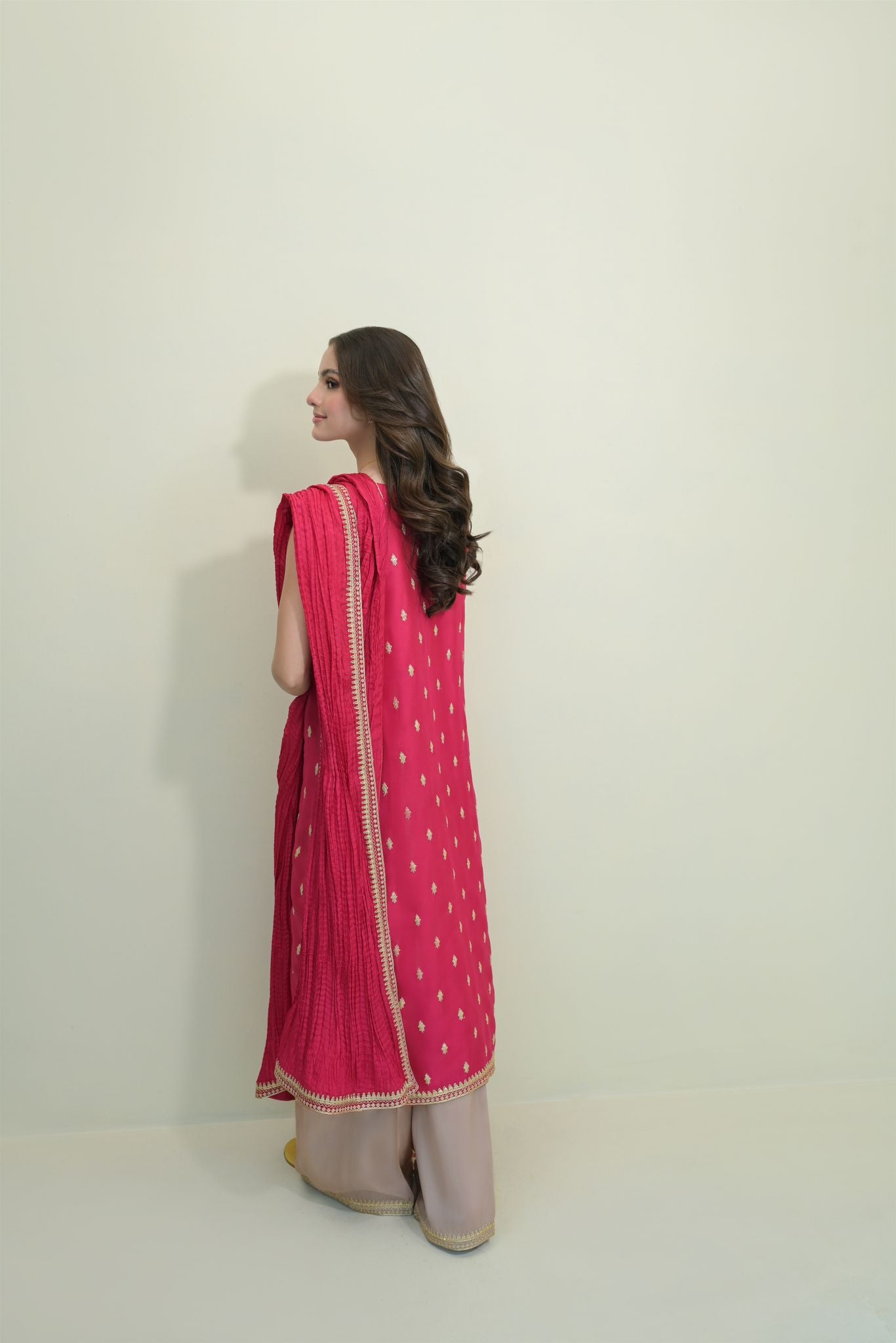 Fuchsia Zari Embroidered Raw Silk Salwar Kameez (3-Piece) - Image 3