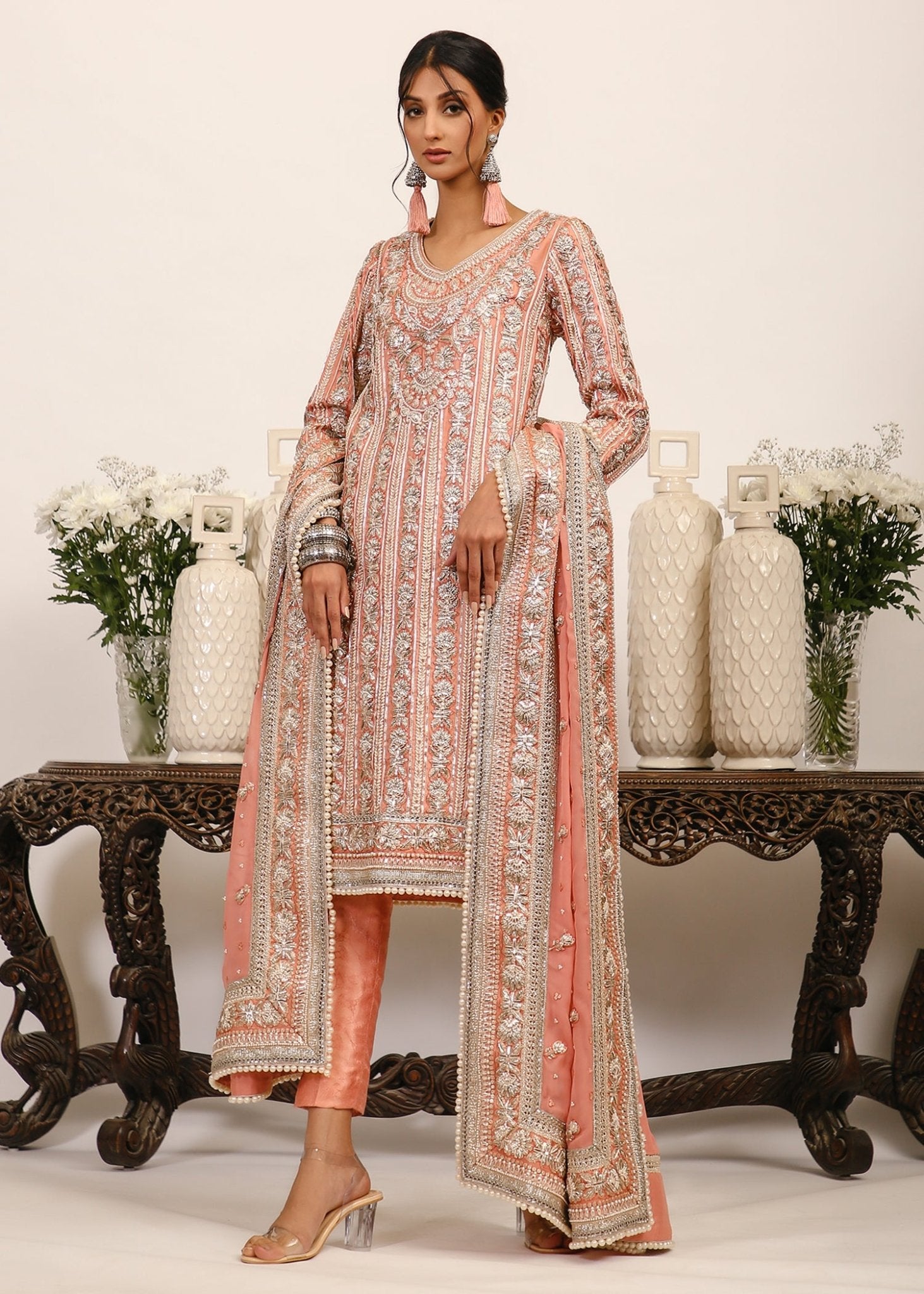 Soft Pink Embroidered Satin Silk Kurta (3-Piece) - Image 1