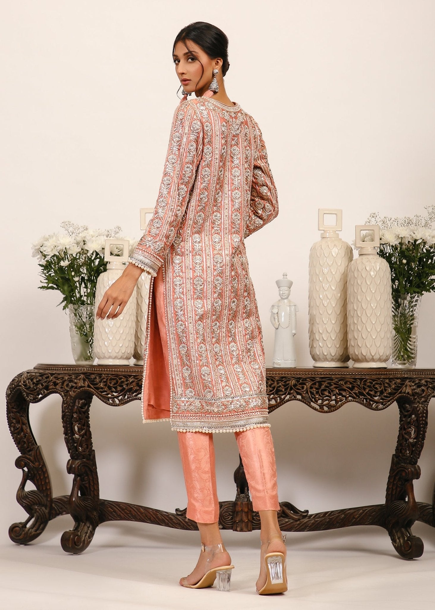 Soft Pink Embroidered Satin Silk Kurta (3-Piece) - Image 3