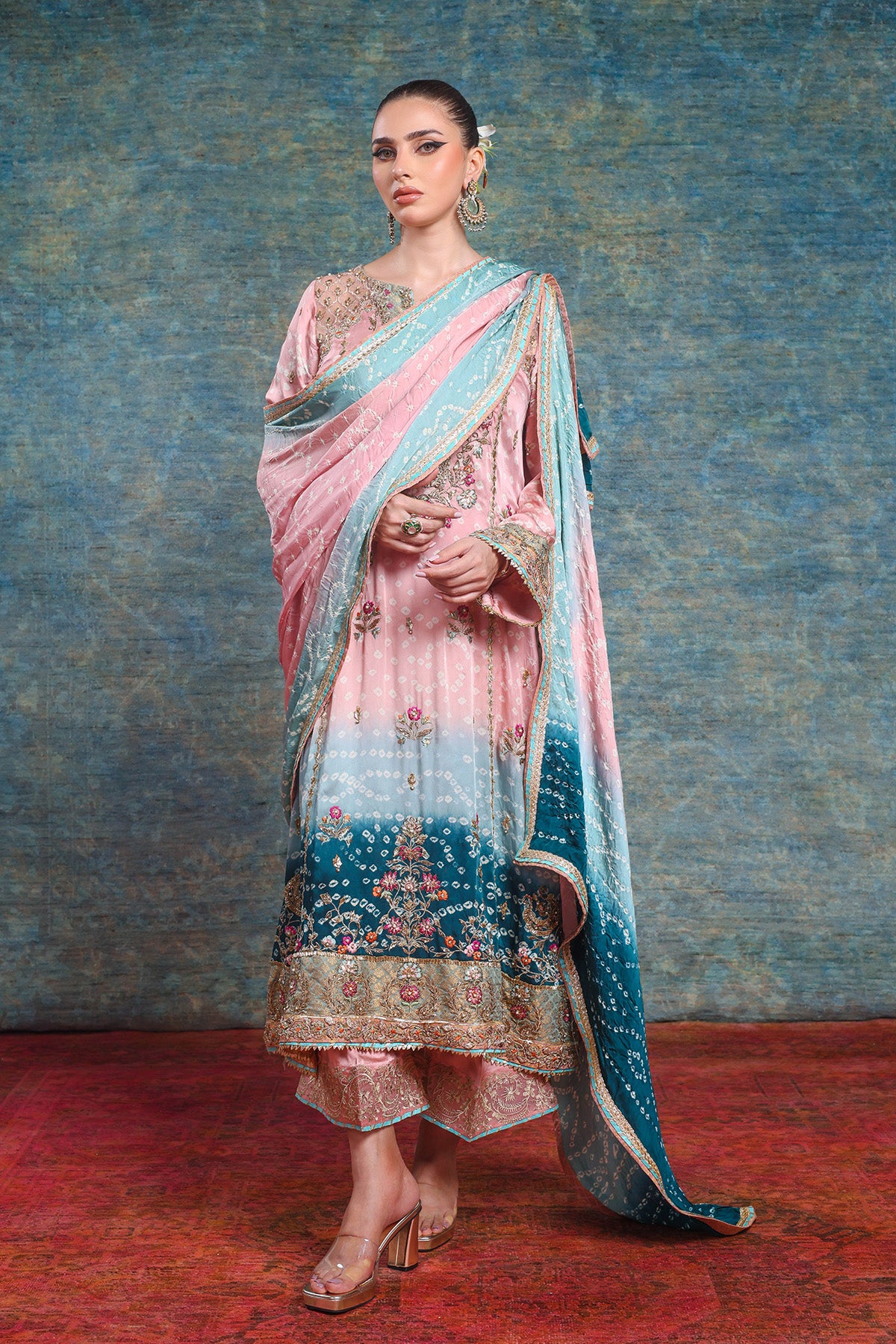 Pink Embroidered Satin Silk Salwar Kameez (3-Piece) - Image 3