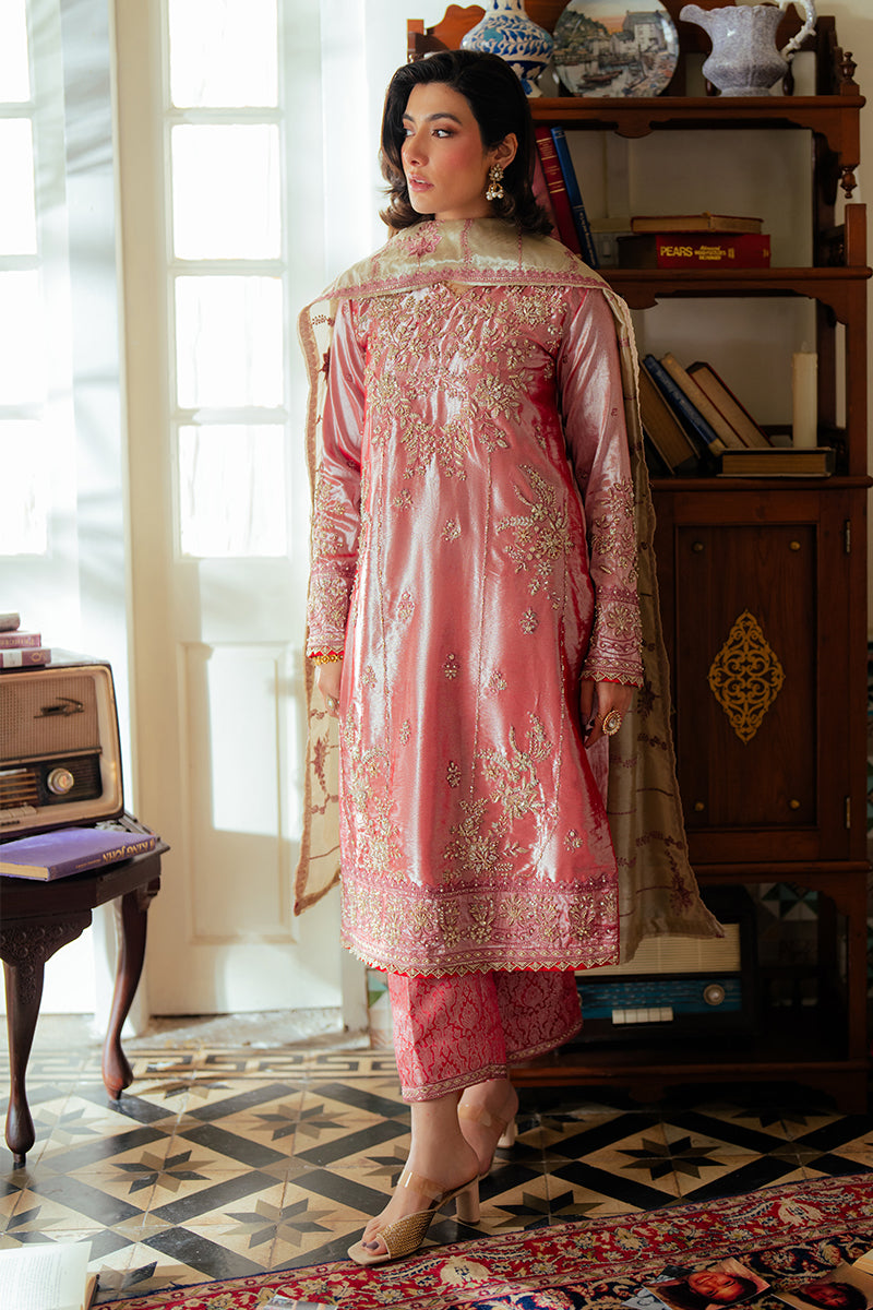 Rose Pink Zari Embroidered Satin Salwar Kameez (3-Piece) - Image 1