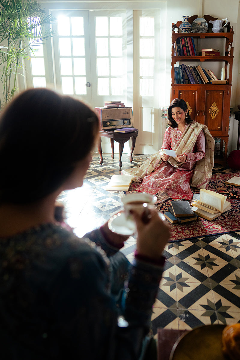 Rose Pink Zari Embroidered Satin Salwar Kameez (3-Piece) - Image 10