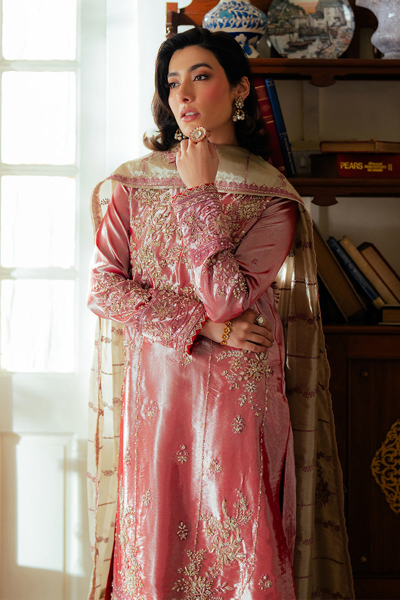Rose Pink Zari Embroidered Satin Salwar Kameez (3-Piece) - Image 2