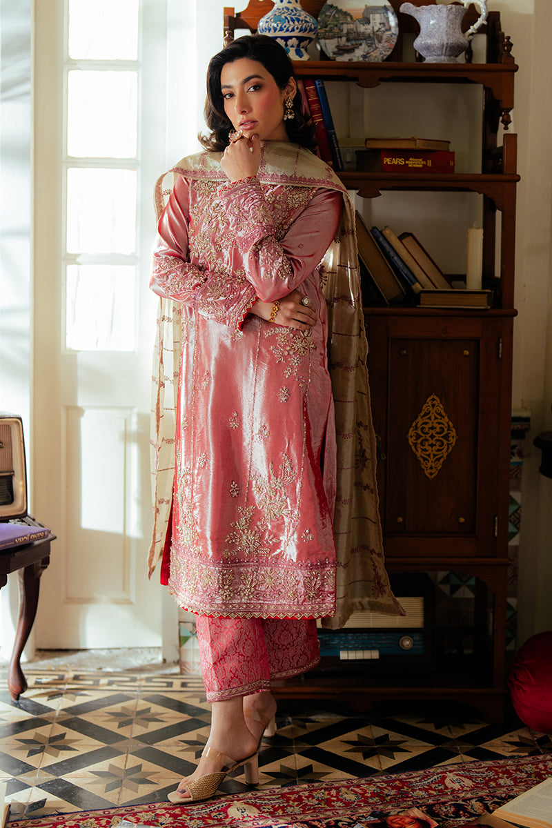 Rose Pink Zari Embroidered Satin Salwar Kameez (3-Piece) - Image 3