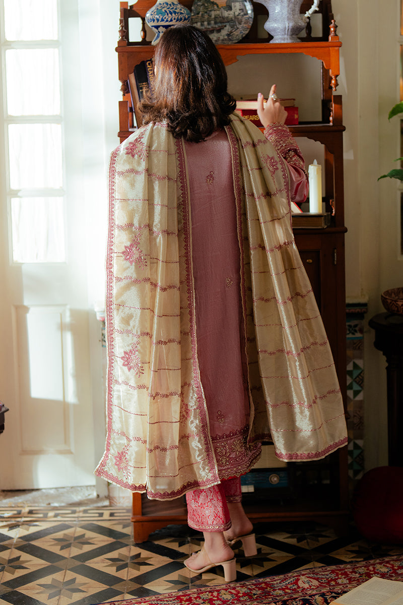 Rose Pink Zari Embroidered Satin Salwar Kameez (3-Piece) - Image 4