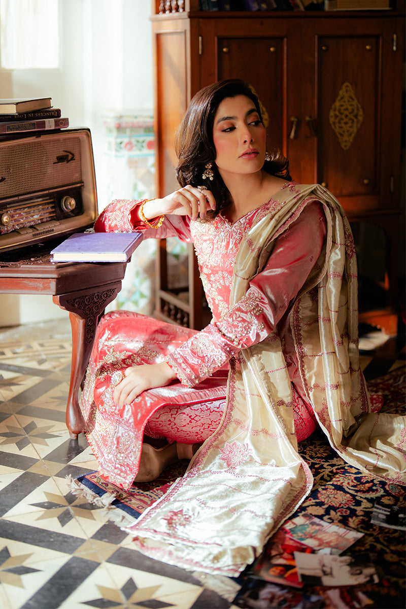 Rose Pink Zari Embroidered Satin Salwar Kameez (3-Piece) - Image 5