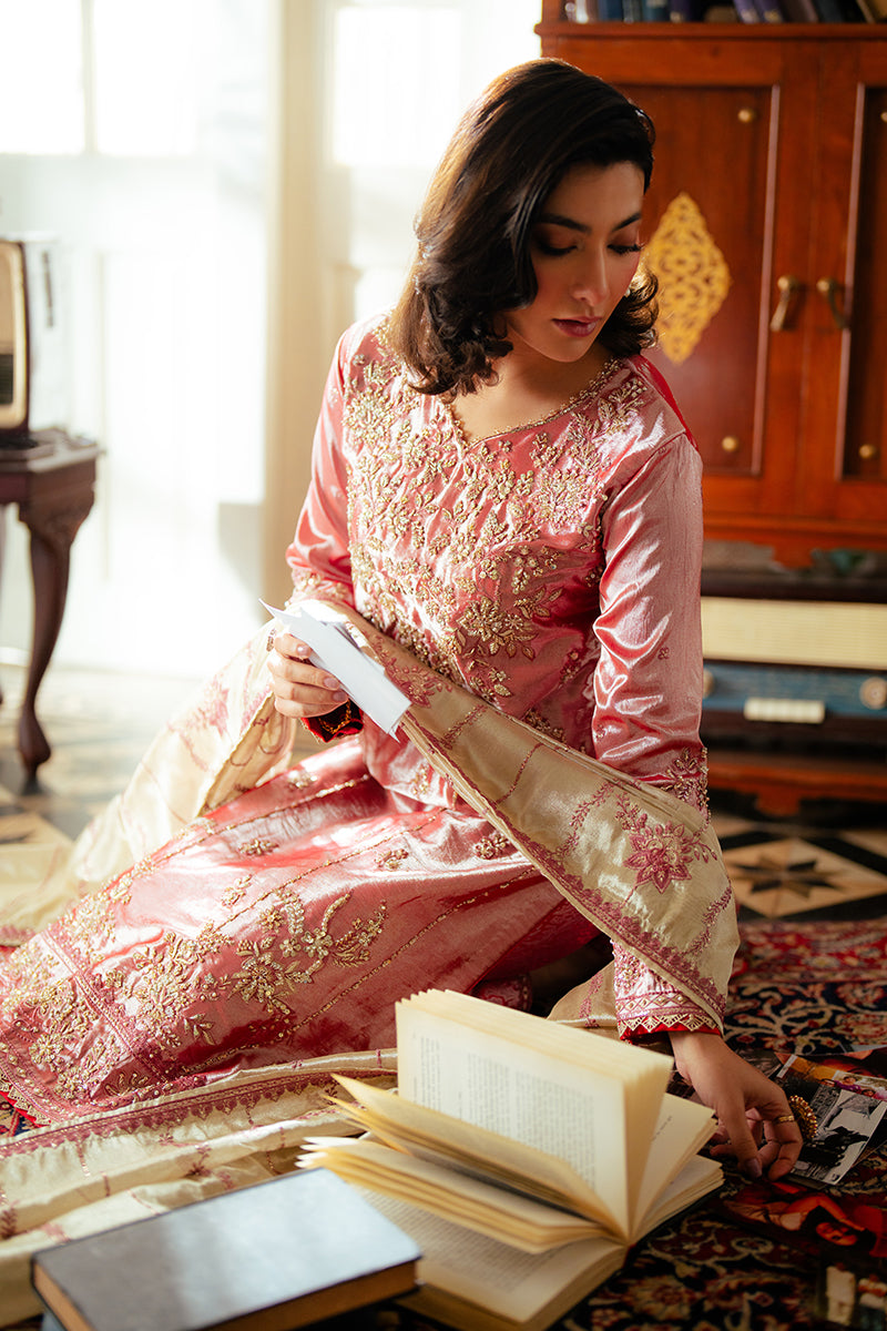 Rose Pink Zari Embroidered Satin Salwar Kameez (3-Piece) - Image 6