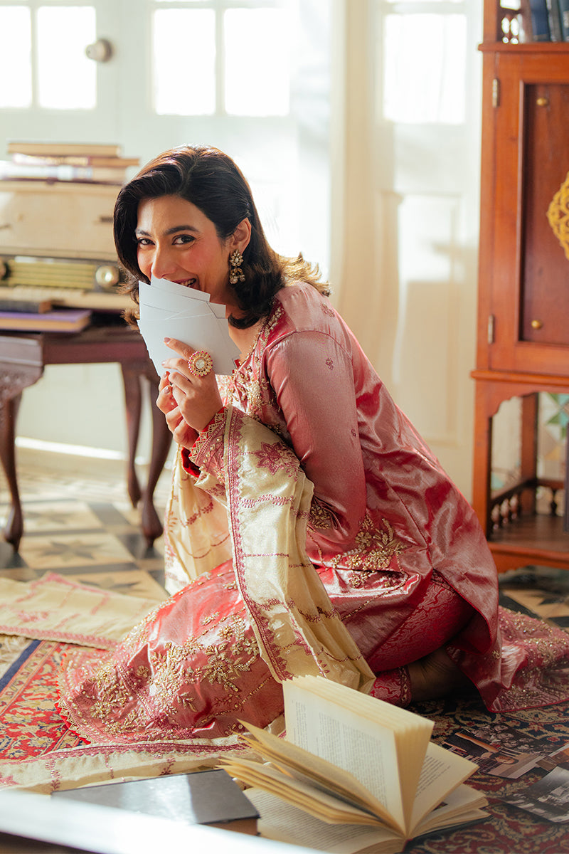Rose Pink Zari Embroidered Satin Salwar Kameez (3-Piece) - Image 7