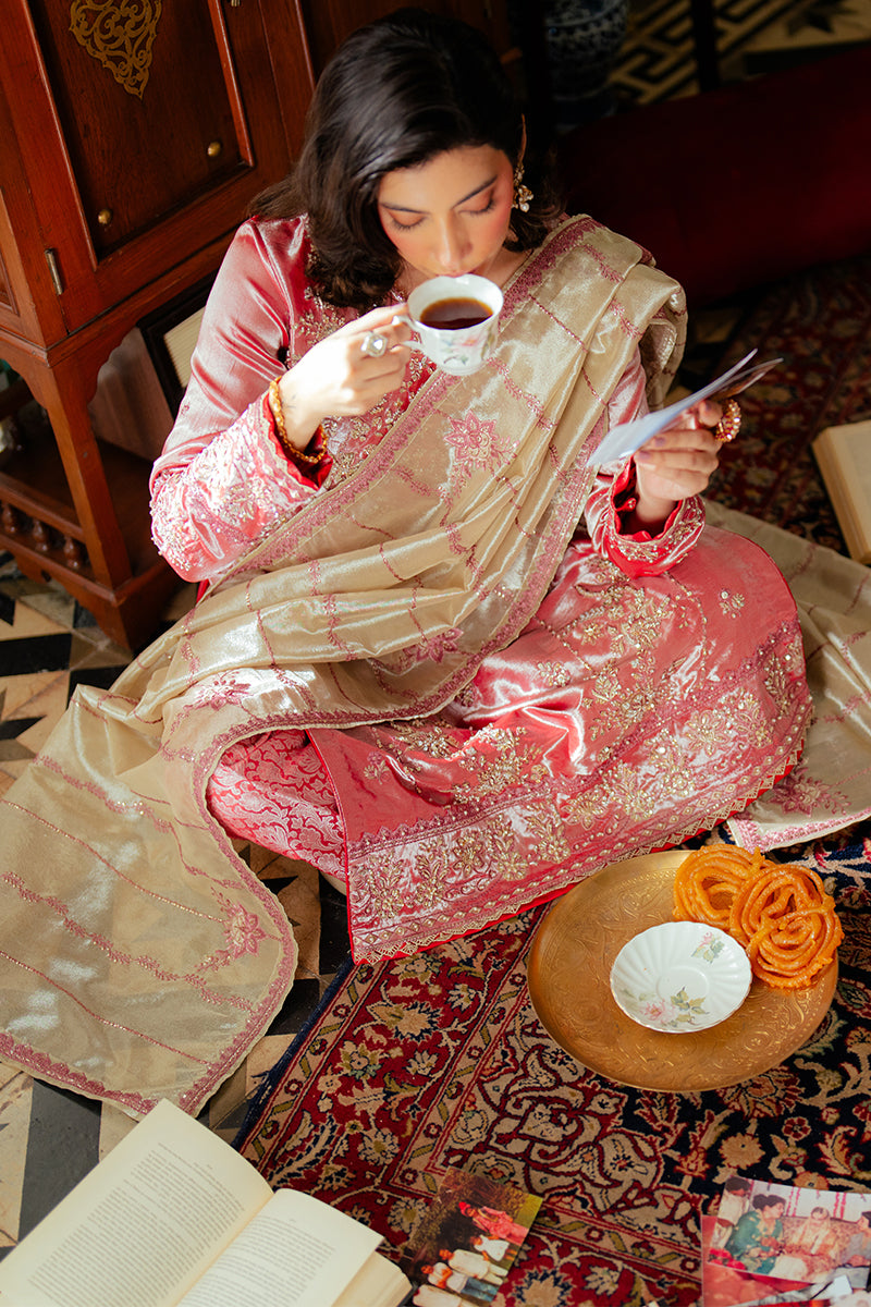 Rose Pink Zari Embroidered Satin Salwar Kameez (3-Piece) - Image 8