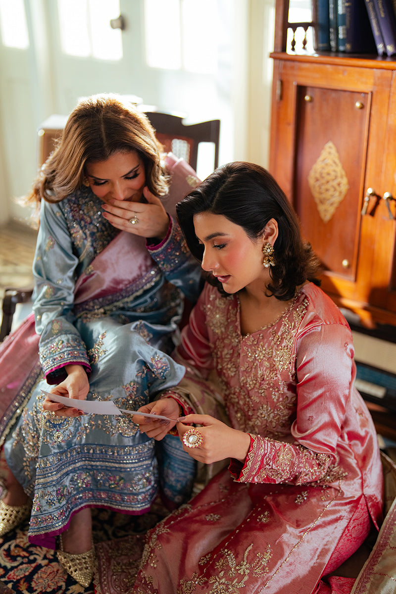 Rose Pink Zari Embroidered Satin Salwar Kameez (3-Piece) - Image 9