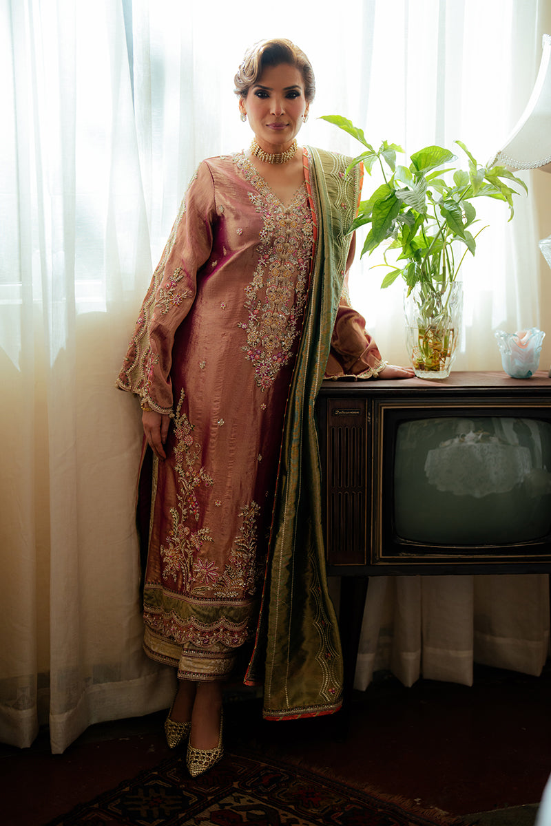 Pakistani Light Pink Zari Embroidered Satin Salwar Kameez (3-Piece) - Image 5