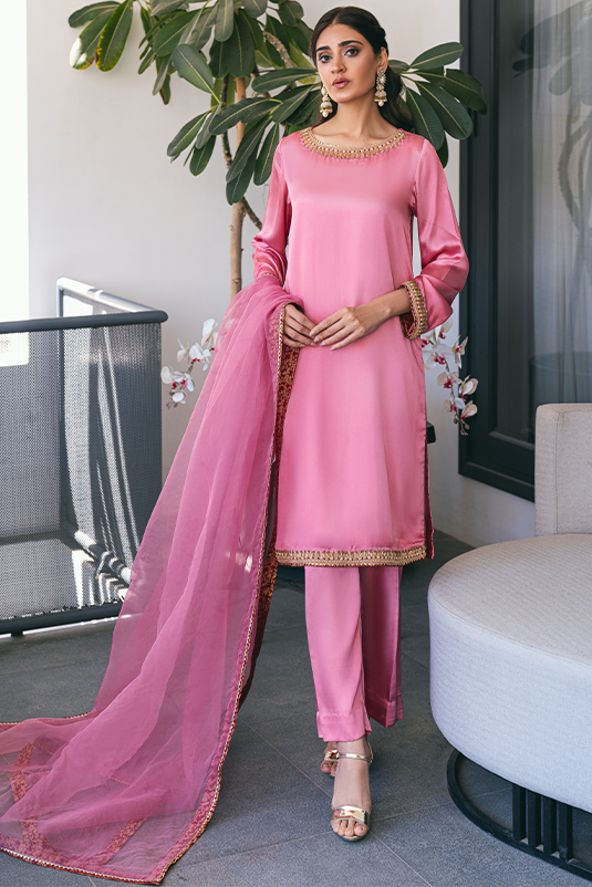 Pink Embellished Shamos Silk Straight Suit (3-Piece) - Image 2