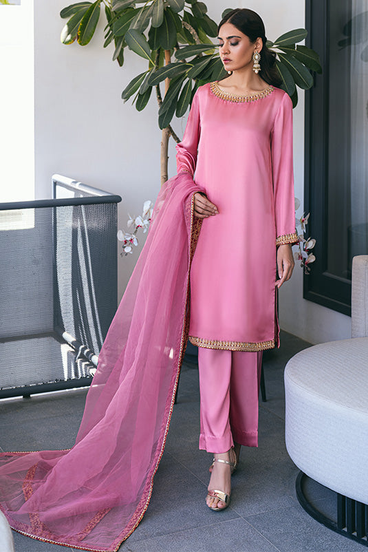 Pink Embellished Shamos Silk Straight Suit (3-Piece) - Image 4