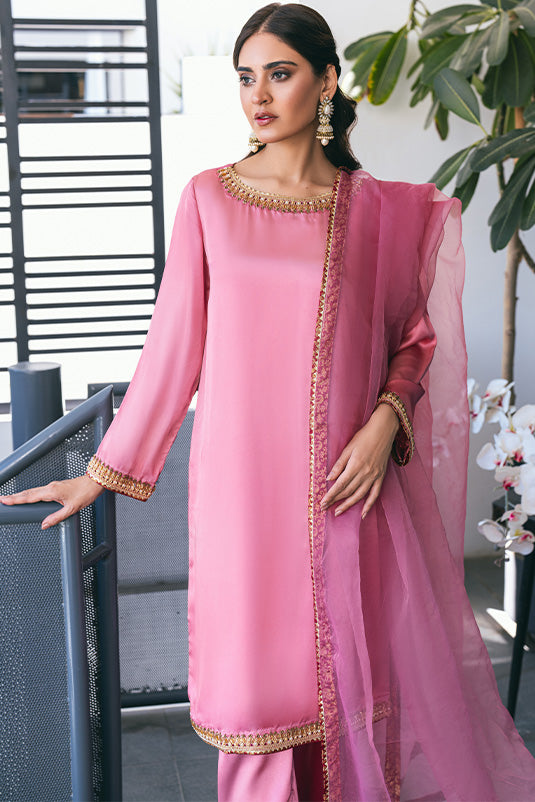 Pink Embellished Shamos Silk Straight Suit (3-Piece) - Image 5