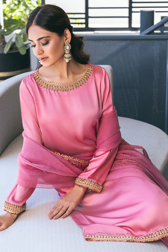 Pink Embellished Shamos Silk Straight Suit (3-Piece) - Image 6