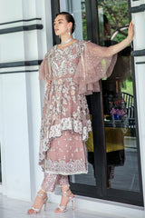 Pakistani Dusty Mauve Embroidered Sheer Net Dress (2-Piece) - Image 3