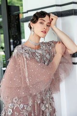 Pakistani Dusty Mauve Embroidered Sheer Net Dress (2-Piece) - Image 5