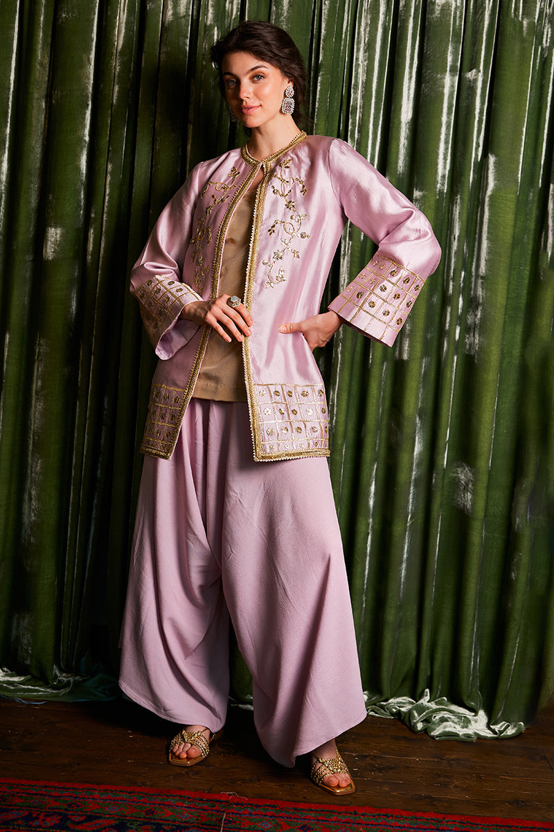 Pink Gota Embroidered Sheesha Silk Jacket Shalwar (3-Piece) - Image 1
