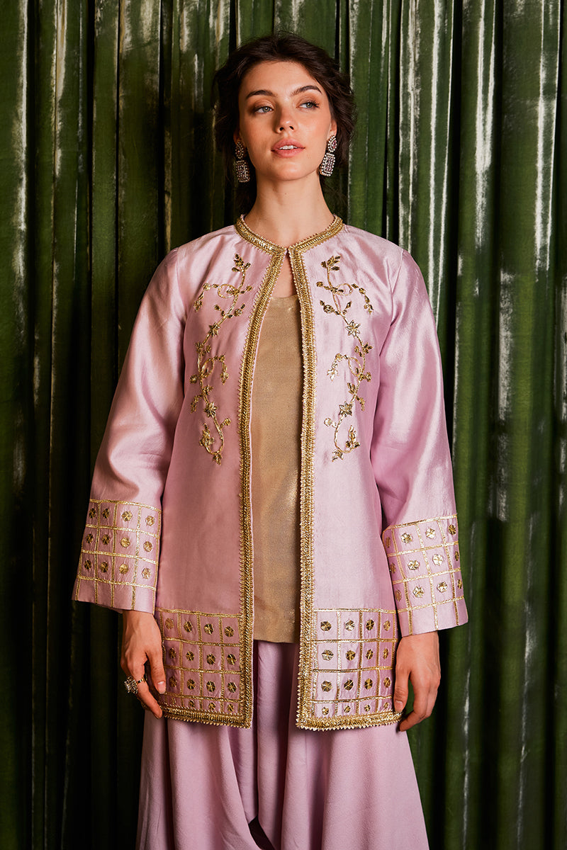 Pink Gota Embroidered Sheesha Silk Jacket Shalwar (3-Piece) - Image 4