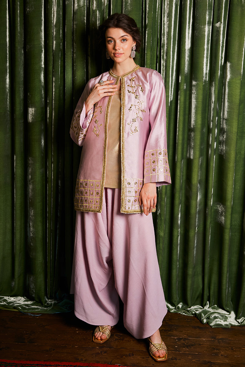 Pink Gota Embroidered Sheesha Silk Jacket Shalwar (3-Piece) - Image 5