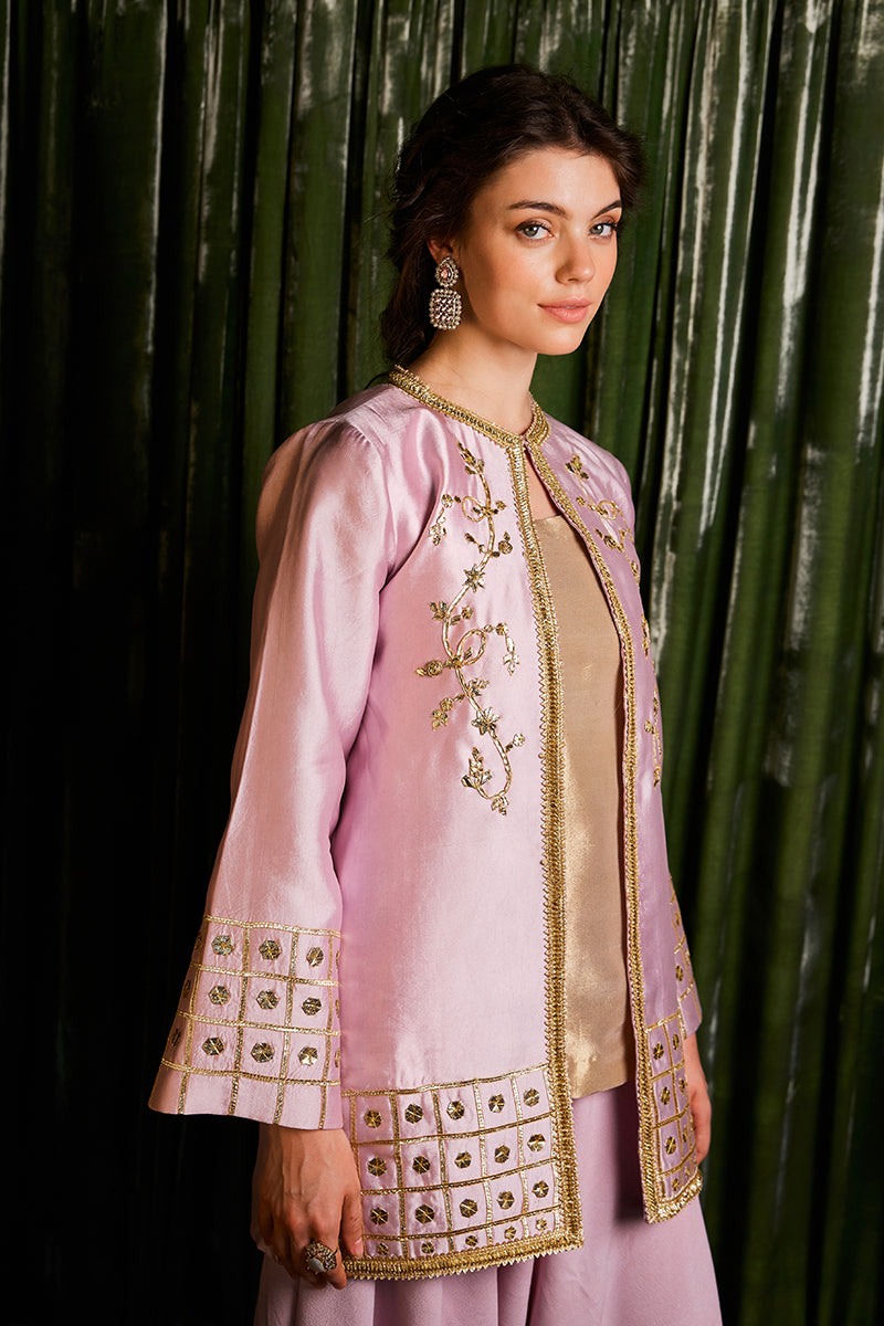 Pink Gota Embroidered Sheesha Silk Jacket Shalwar (3-Piece) - Image 6