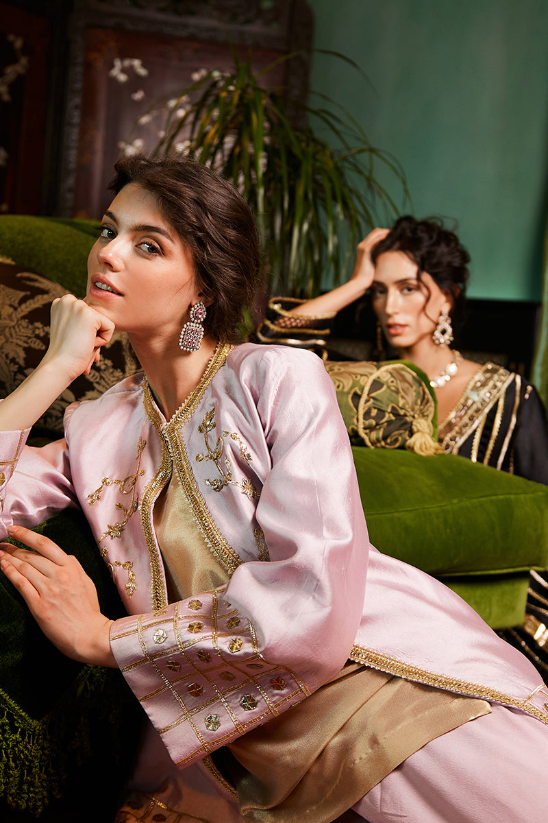 Pink Gota Embroidered Sheesha Silk Jacket Shalwar (3-Piece) - Image 7