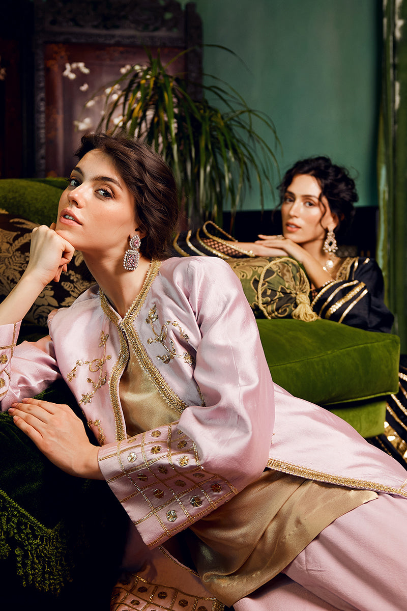 Pink Gota Embroidered Sheesha Silk Jacket Shalwar (3-Piece) - Image 8