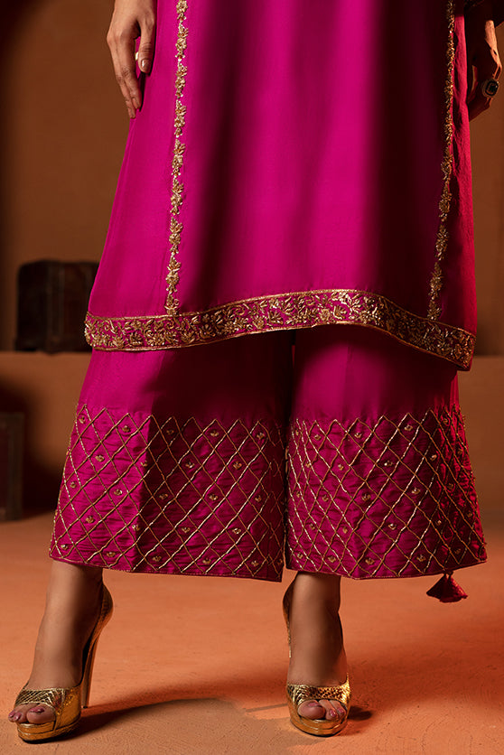 Fuchsia Pink Embroidered Sheesha Silk Kalidar Salwar Kameez (3-Piece) - Image 1