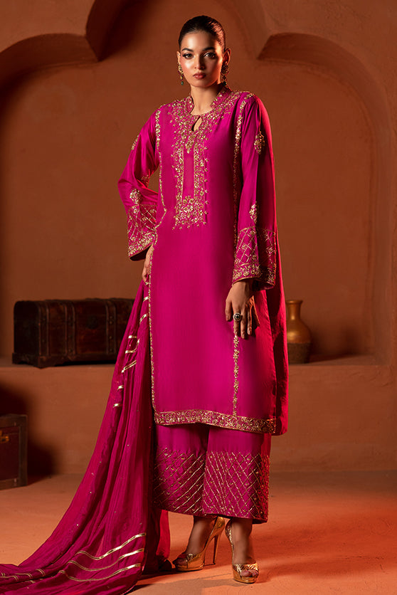 Fuchsia Pink Embroidered Sheesha Silk Kalidar Salwar Kameez (3-Piece) - Image 2