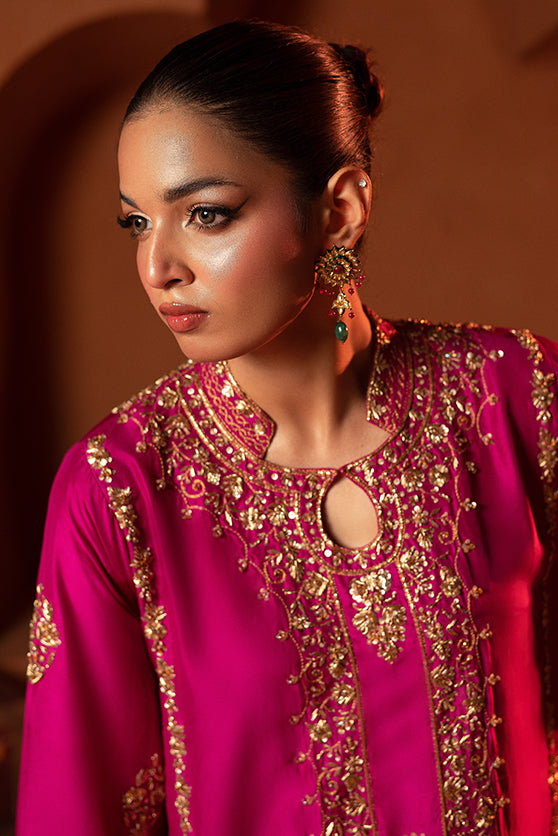 Fuchsia Pink Embroidered Sheesha Silk Kalidar Salwar Kameez (3-Piece) - Image 3