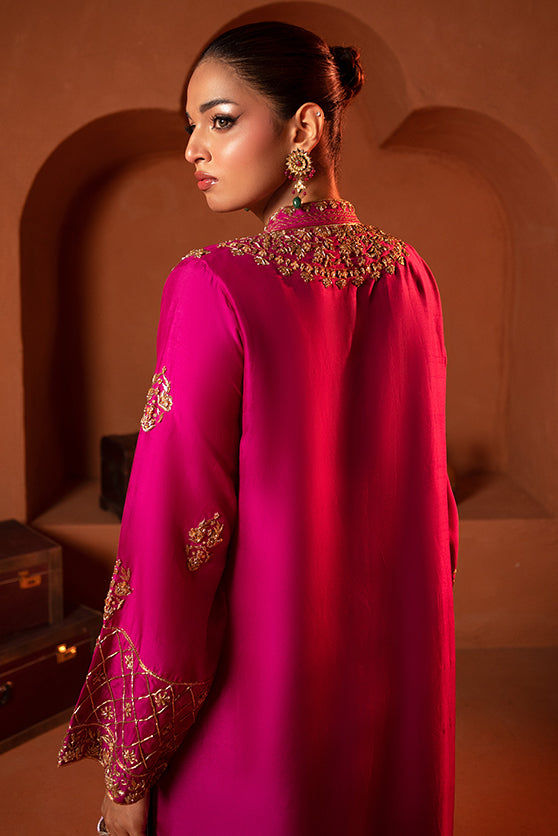 Fuchsia Pink Embroidered Sheesha Silk Kalidar Salwar Kameez (3-Piece) - Image 5