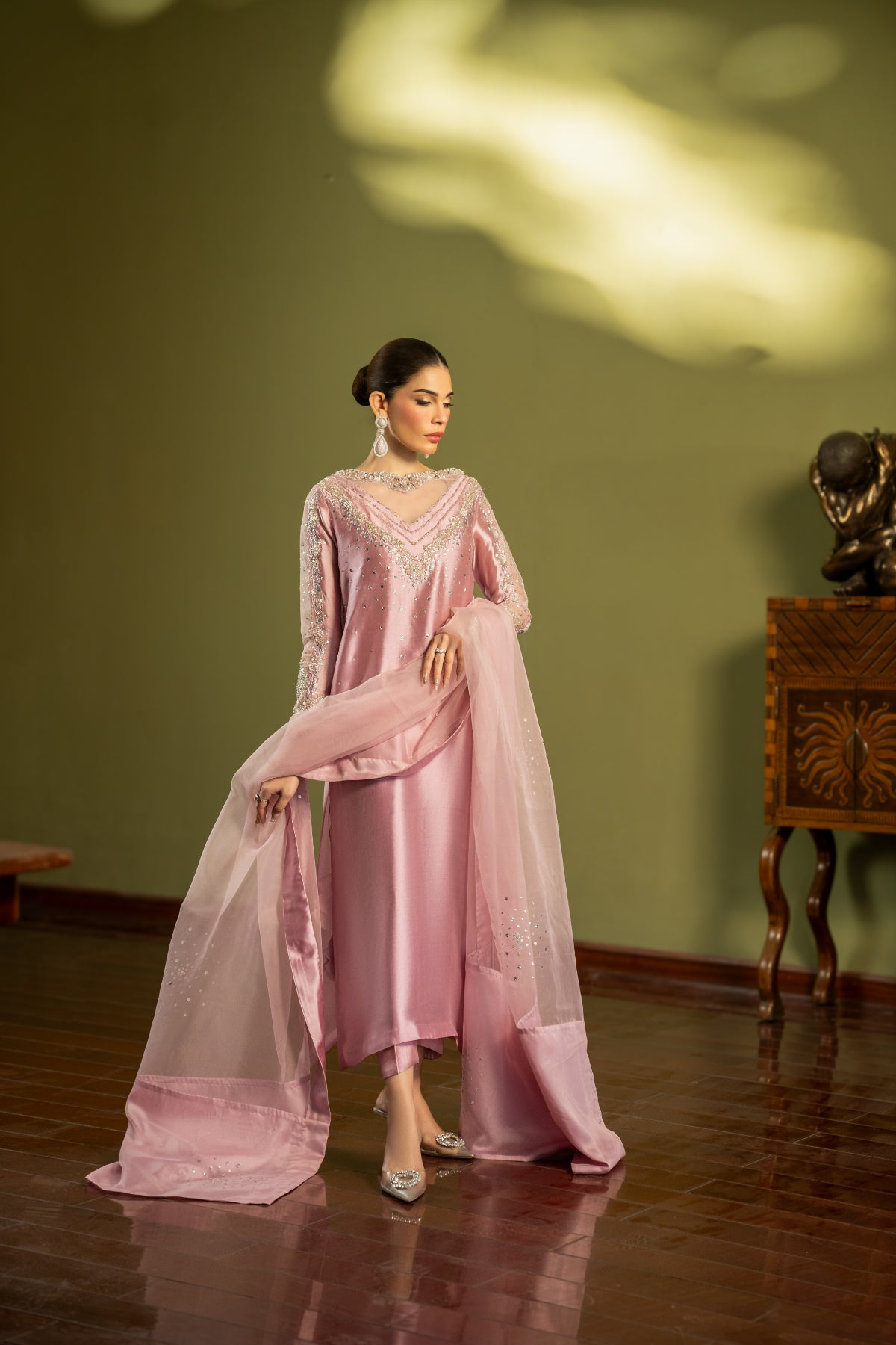 Tea Pink Embroidered Sheesha Silk Salwar Kameez (3-Piece) - Image 1