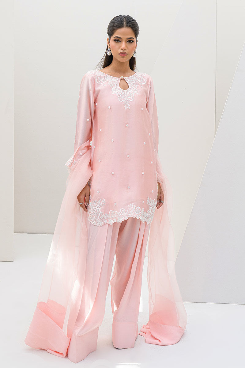 Pakistani Peach Embroidered Sheesha Silk Salwar Kameez (3-Piece) - Image 1