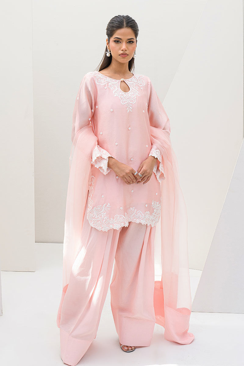 Pakistani Peach Embroidered Sheesha Silk Salwar Kameez (3-Piece) - Image 2